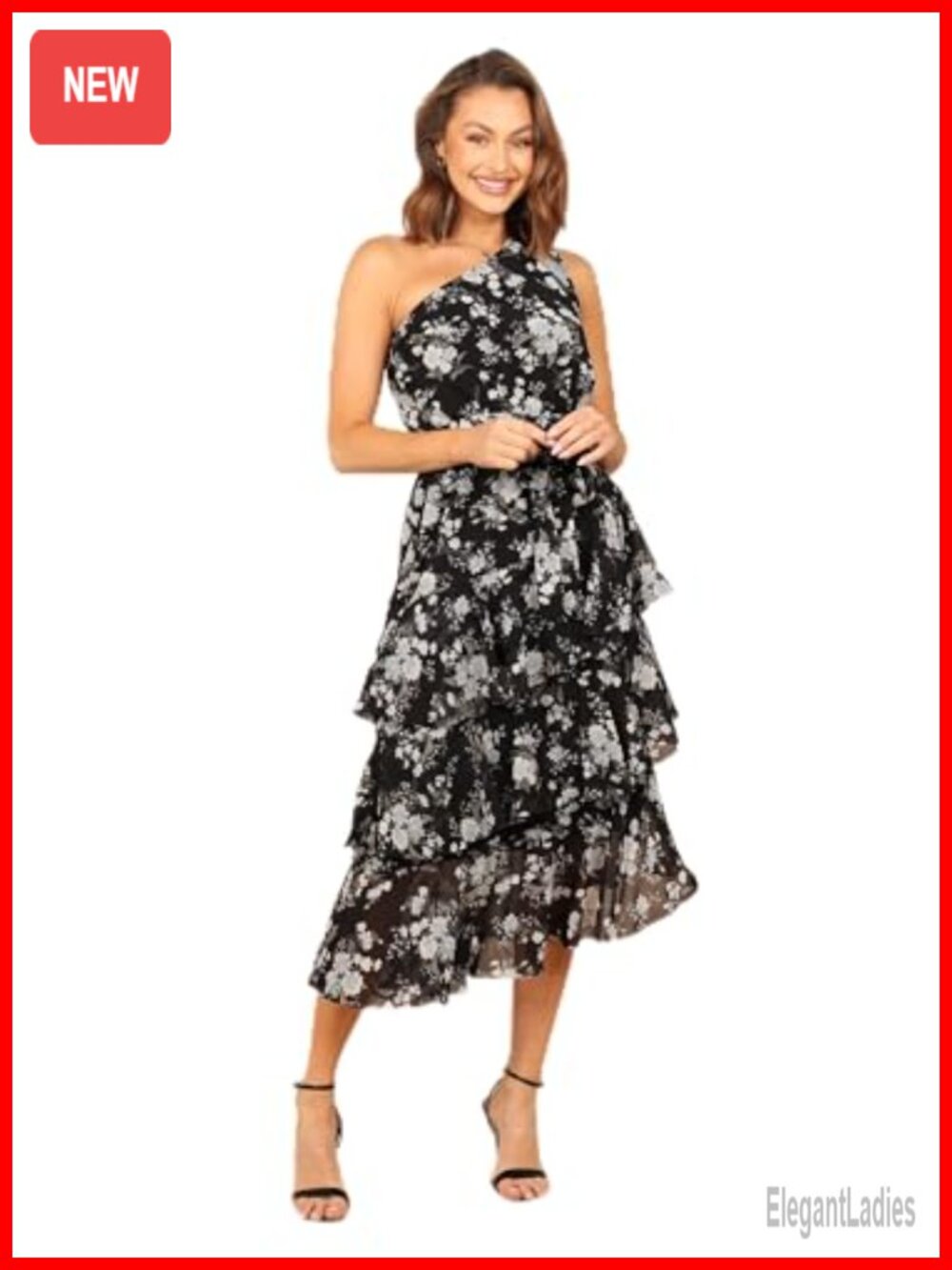 One Shoulder Tiered Midi Dress Asymmetric Neck Sleeveless A-Line
